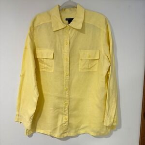 Westbound Woman 1X Shirt 100% Linen Yellow Roll Tab Sleeve Button Up Blouse Plus